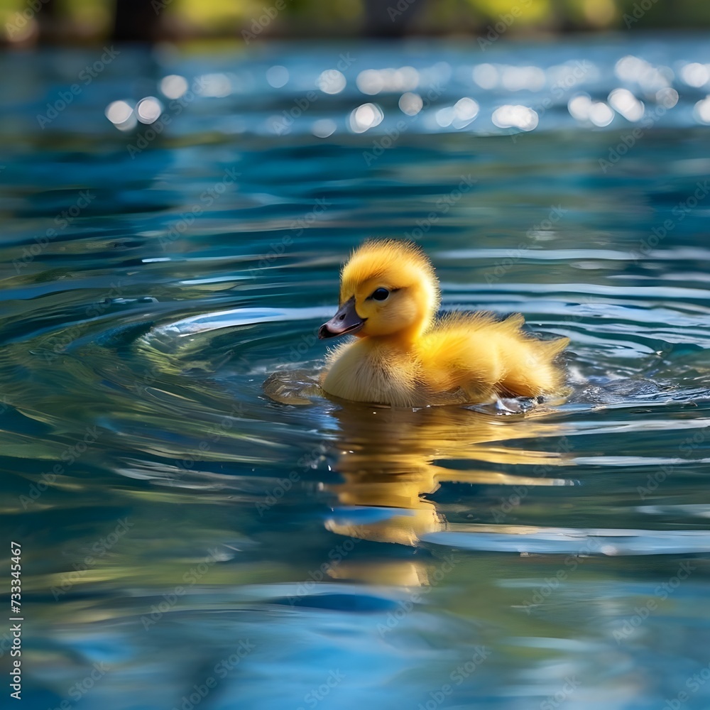 yellow duck swimming in bright blue watter river lake trees yellow duck swimming in bright blue watter river lake trees
