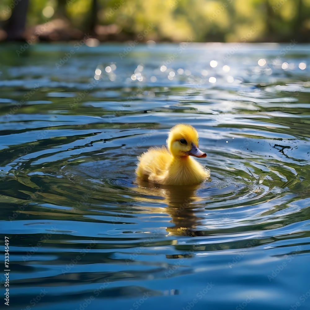yellow duck swimming in bright blue watter river lake