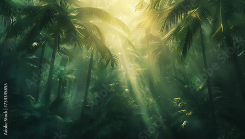 tropical forest trees with sun shining down in