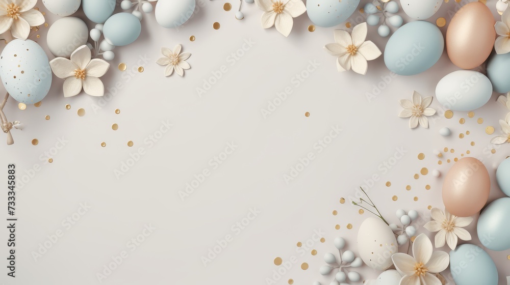 Chic Easter arrangement with pastel eggs and golden confetti on a soft background. Creative Easter setting with a serene blend of pastel eggs, blossoms, and golden dots. Chic Easter arrangement with pastel eggs and golden confetti on a soft background. Creative Easter setting with a serene blend of pastel eggs, blossoms, and golden dots.