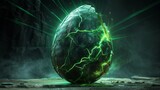 Cracked glowing egg with green energy lines on dark stone background. Fantasy concept for gaming background and magical creature design. Mysterious and magical theme with place for text.