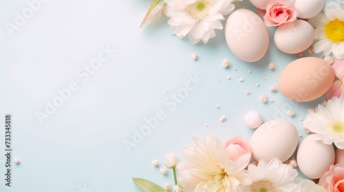 Elegant Easter arrangement with pastel eggs and delicate flowers on blue. Easter composition with soft colored eggs amidst floral blossoms. Easter celebration concept with copy space for greeting card