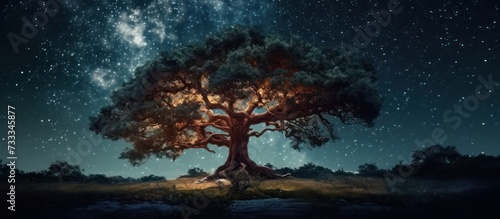 single tree nighttime background full of stars