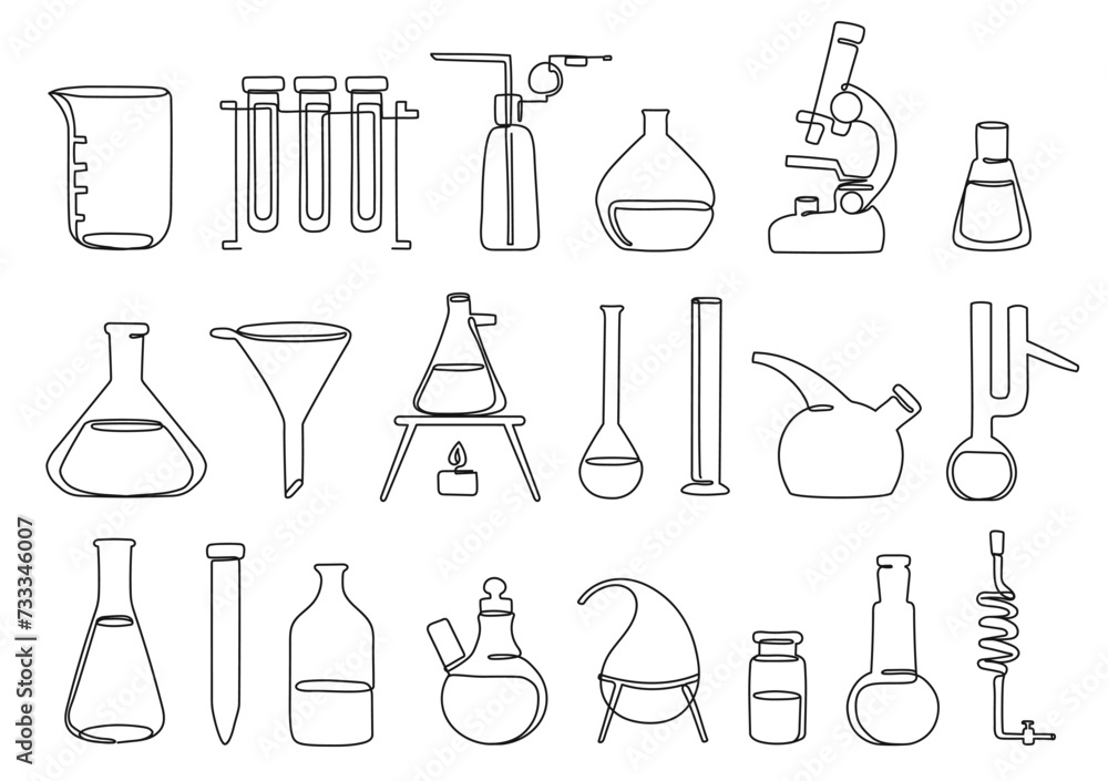 Continuous one line lab equipment. Beakers, test tubes, flasks and microscope, scientific