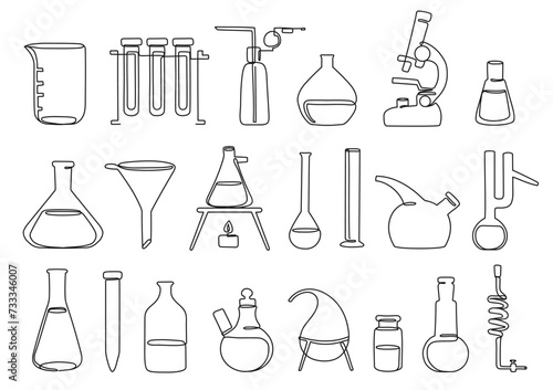 Continuous one line lab equipment. Beakers, test tubes, flasks and microscope, scientific instruments and laboratory icons vector illustration set with editable stroke paths