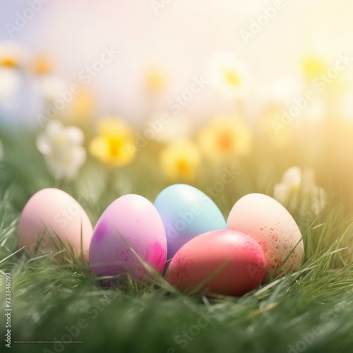 Pastel Easter eggs nestled in spring grass with daffodils in background. Serene Easter morning with colorful eggs hidden among fresh blooms.