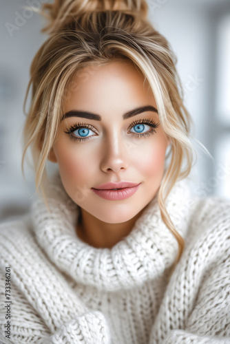 Close-up portrait of a beautiful young blonde woman with blue eyes