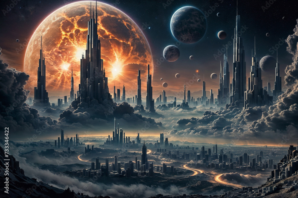Fototapeta premium A city on a hill with a large planet in the sky above. ai generative