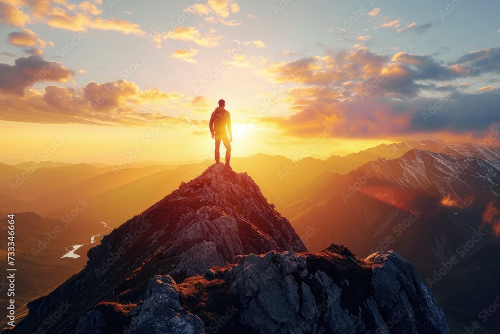 A man standing on top of a mountain as the sun sets. Goals and achievements concept photo composite.