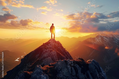 A man standing on top of a mountain as the sun sets. Goals and achievements concept photo composite. © darshika