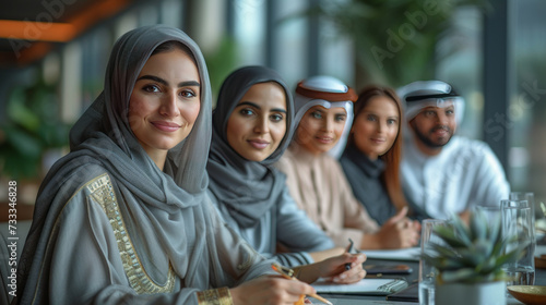 Group of middle-eastern corporate business people wearing traditional emirati clothes meeting in the office in Dubai - Business team working and brainstorming in the UAE generative ai