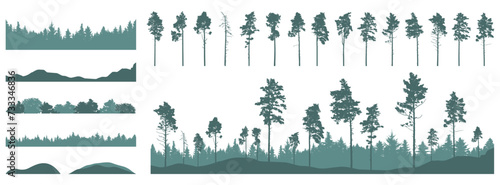 Set of forest element, pine trees, beautiful landscapes. Creation of beautiful woodland, constructor.  Vector illustration