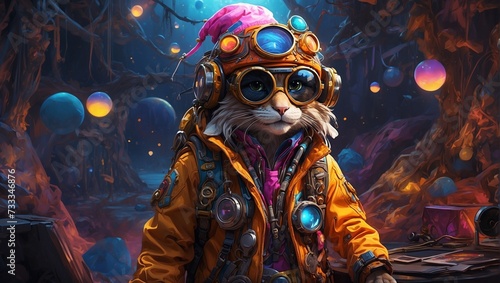 The image  showcasing the explorer s flamboyant outfit and a contraption of high-tech gadgets.