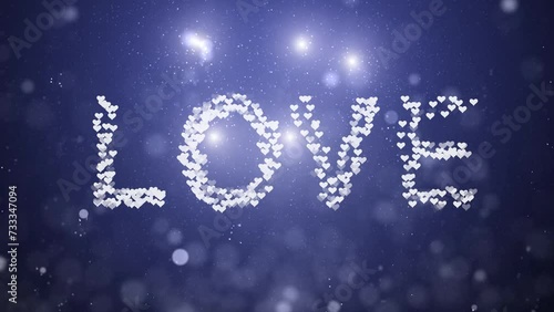 Love word on blue flickering bokeh background. Valentine's day holidays copy space greeting card.