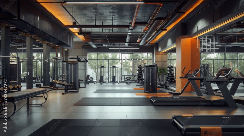 gym interior design, light black and orange, soft renderings, blue and black

