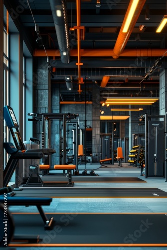 gym interior design, light black and orange, soft renderings, blue and black
