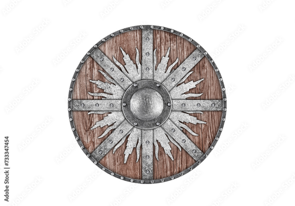 Old decorated wooden round shield isolated on white background Old decorated wooden round shield isolated on white background