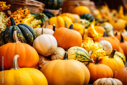 Autumn background with colorful pumpkins and gourds