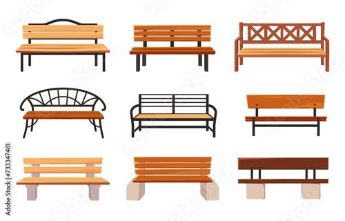 Cartoon bench. Wooden park benches, comfortable public garden seats and outdoor furniture vector illustration set