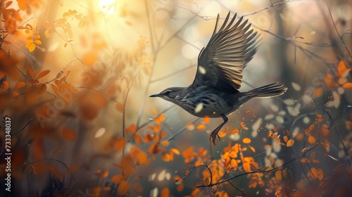 Mockingbird flying through autumn leaves