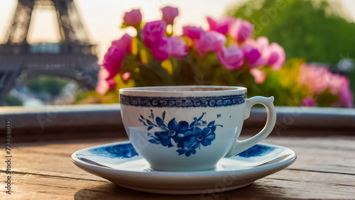 Cup of coffee, flowers against the background of the Eiffel Tower, Paris lifestyle