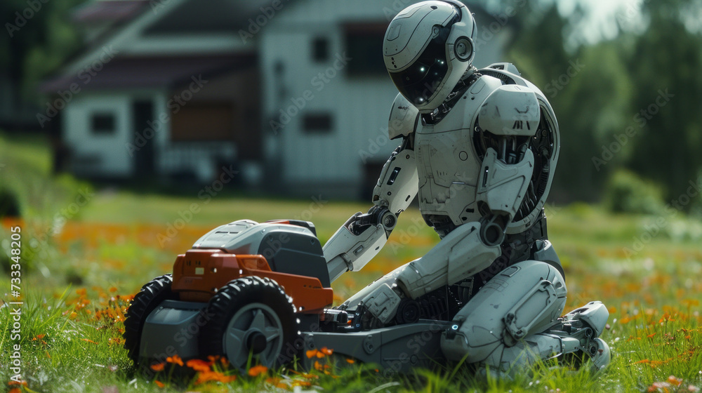 A humanoid robot pushing a lawn mower on the front lawn in front of a gorgeous house, generative ai A humanoid robot pushing a lawn mower on the front lawn in front of a gorgeous house, generative ai