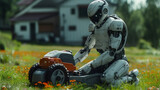 A humanoid robot pushing a lawn mower on the front lawn in front of a gorgeous house, generative ai
