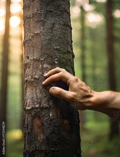 hand touch the tree trunk. Embracing nature,ecology a energy forest nature concept. a man's hand touches a pine tree trunk close-up glare in green forest with sunlight. hand tree touch trunk. Generati