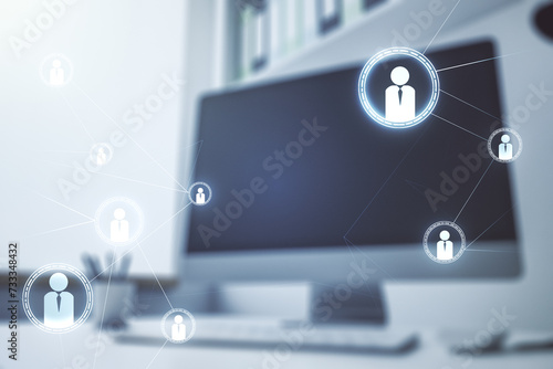 Social network concept and modern desktop with computer on background. Multiexposure