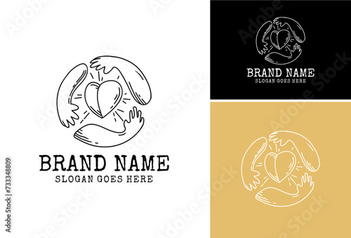 Set of People holding arms around the heart icon vector. Unity and teamwork concept logo. Togetherness and cooperation line icon. 
