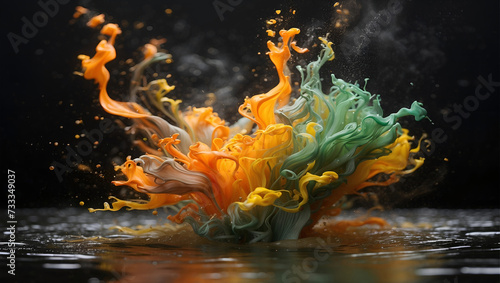 An incredibly beautiful explosion of an unknown chemical substance with bright-colored splashes quickly scattering in all directions. A chemist's dream. Colored background.