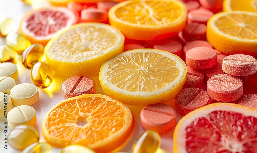 Orange flavored vitamin C tablets. Tablet with the antioxidant power of vitamin C with the citrus freshness of orange. Concept of daily health and well-being. - obrazy, fototapety, plakaty 