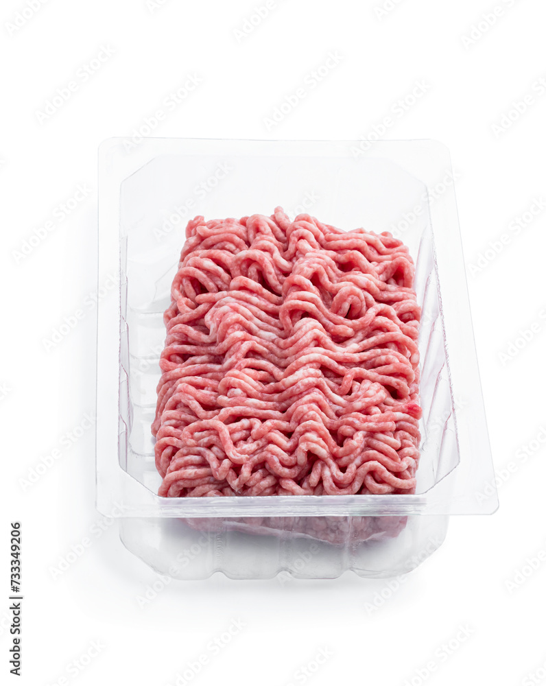 Minced pork and beef in plastic pack isolated on white background Minced pork and beef in plastic pack isolated on white background