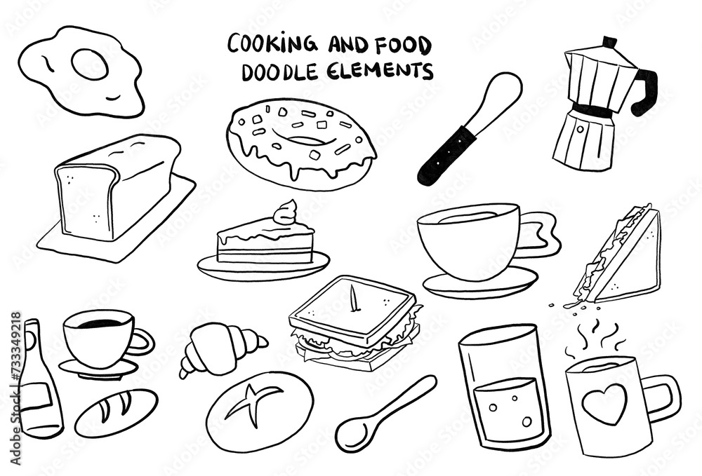 Ilustraciones elementos de cocina y comida en fondo transparente estilo doodle