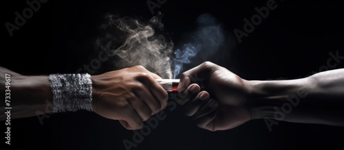 two hands holding smoky vapor black background © waliyah
