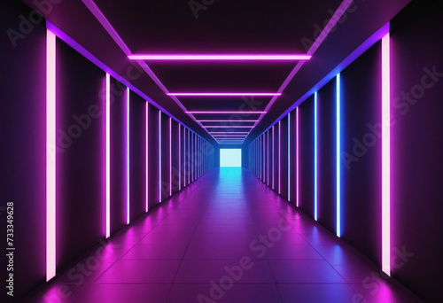 Neon light abstract background. Tunnel or corridor pink blue purple neon glowing lights. Laser lines and LED technology create glow in dark room. Cyber club neon light stage room.