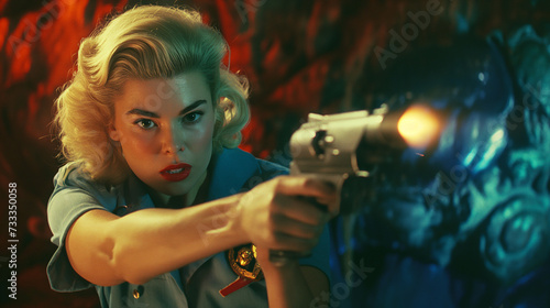 1960s-inspired science fiction, a futuristic blonde female police officer fires her laser gun photo