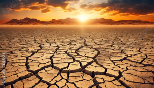 Terra Arsa- Paesaggio Desertico con Terra Screpolata durante un Tramonto Drammatico photo