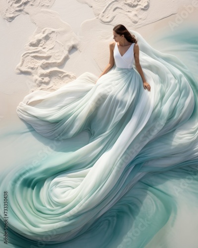 Beautiful young woman in long light blue sleeveless dress playing with silky train on the sandy coastline