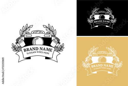 Photography studio logo template, camera with flower and white background. Set of Black and White Plant Flower Camera.
