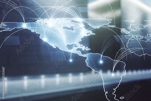 Fotografie Double exposure of abstract digital world map hologram with connections on conte