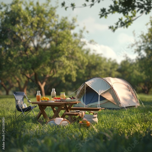 on the wide grass, next to the tent there is a picnic table with a few folding chairs, the table is placed on some drinks, fruits, snacks.
