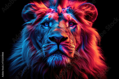Majestic lion with vibrant blue and red neon lighting highlighting its regal features against a dark background.