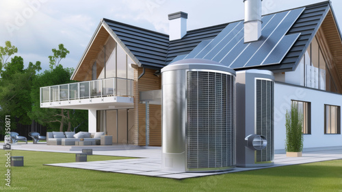 Air heat pump near modern house. 