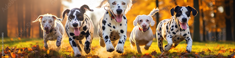 Cute dalmatian dogs group running on green grass in park - obrazy, fototapety, plakaty 