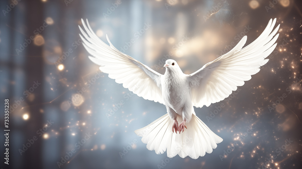 Obraz premium White dove gracefully flying. Symbolizing freedom and liberation. Capture the essence of hope, peace, and emancipation as the dove soars into the open sky