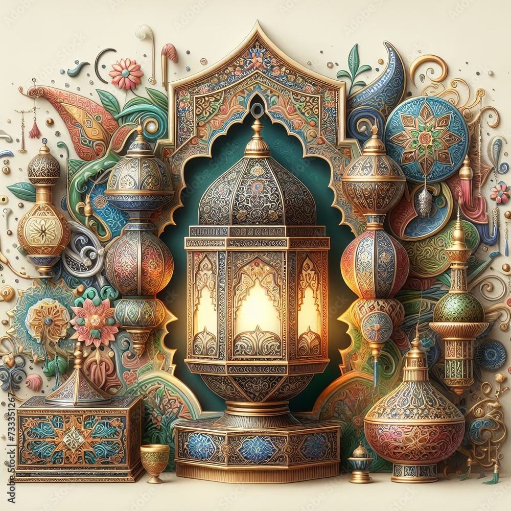 Fototapeta premium Lanter in a traditional oriental style. Illustration by Generation AI.