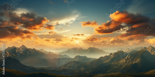 Mountain landscape with lake at sunset. 3d render illustration.