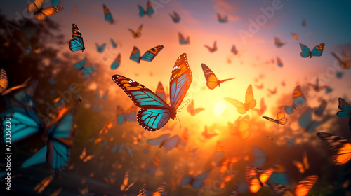 Butterflies in flight, symbolizing a life of freedom and liberation. Capture the beauty, grace, and sense of boundless possibility as the butterflies flutter through the air