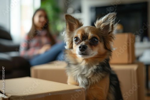 Young woman and her pet moving to new home. Puppy dog sits near cardboard boxes with household items. Moving to new home  packing and unpacking boxes  relocation  renovation  delivery service concept